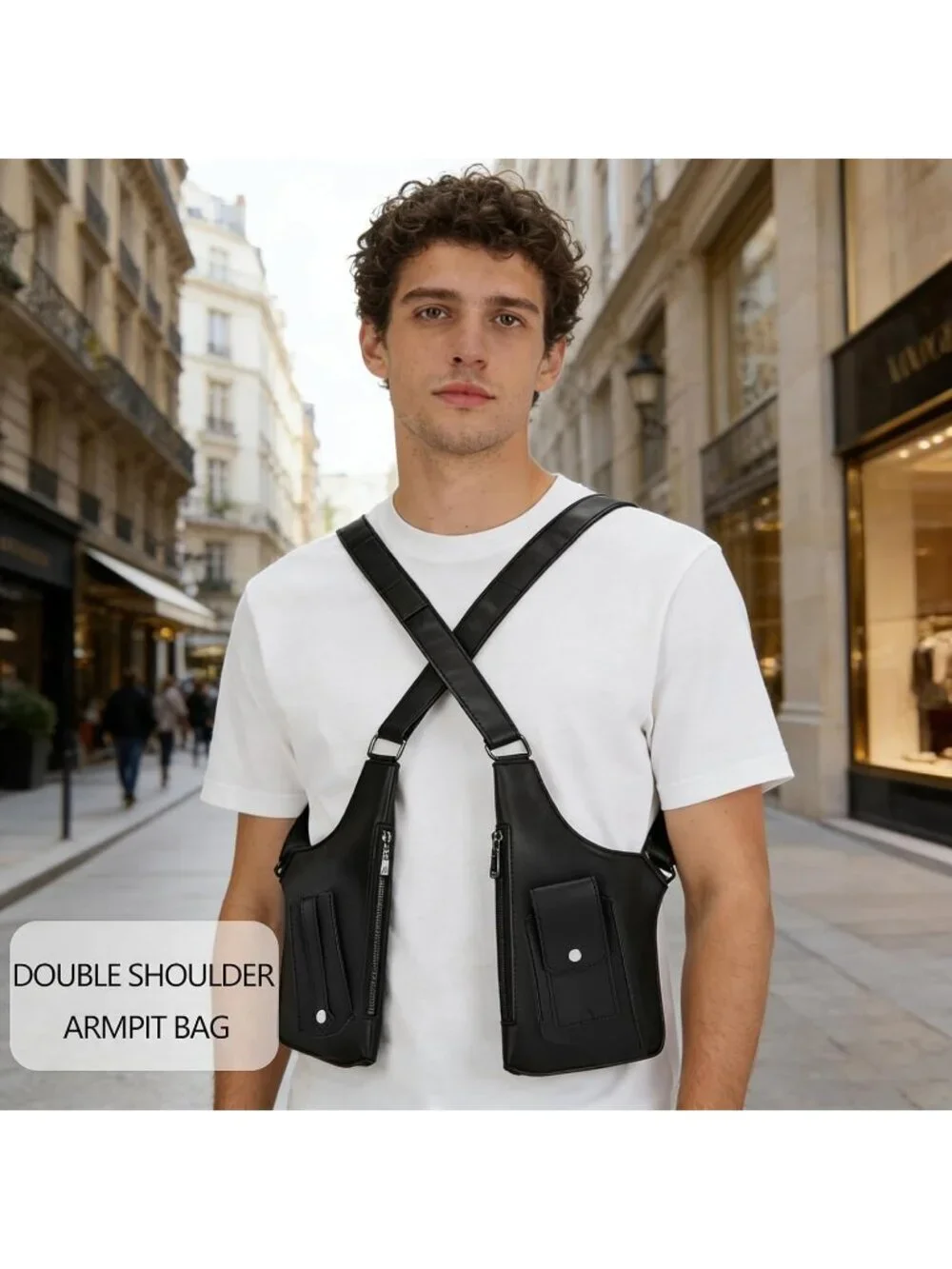Mens Black Chest rig Underarm Anti Theft Adjustable Pocket Double Shoulder Strap